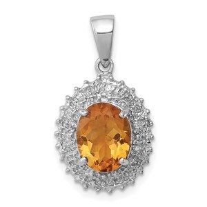 925 Sterling Silver Citrine Nov Birthstone & Diamond Necklace Pendant 23 x 12 mm